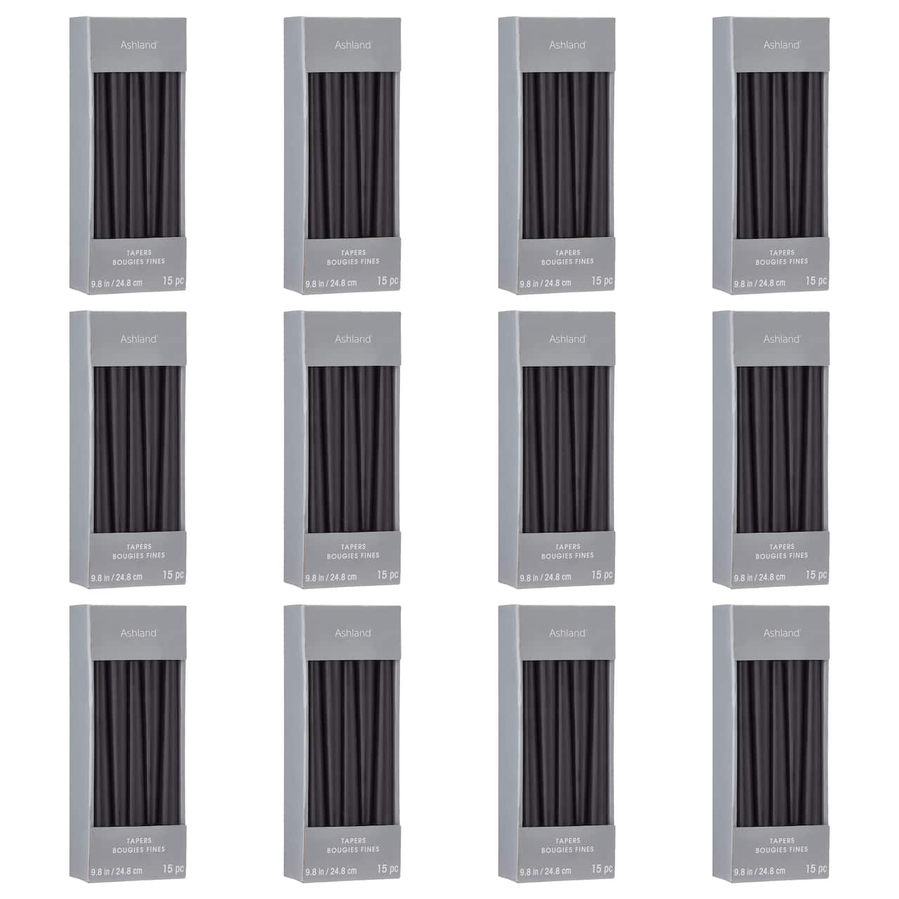 12 Packs: 15 ct. (180 total) Basic Elements™ 10" Black Taper Candles by Ashland®